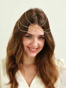 Accesorio de cabello para fiesta de graduación con estilo retro, cadena de cabello con colgante para la frente, cadena de cabeza con múltiples capas de strass y borlas - Multicolor - Ver 4