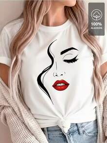 Arte de Líneas de Labios Rojos - Camiseta 100% Algodón - Blanco - Ver 1