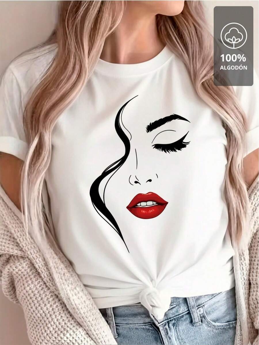 Arte de Líneas de Labios Rojos - Camiseta 100% Algodón - Blanco - Ver 1