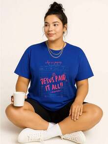 Women's Oversized Style, Jesus Paid It All, Christian T-Shirt Design, Worship T-Shirt, Direct-To-Film Print Christian T-Shirt, Guest Registration T-Shirt, Fashion Gift T-Shirt, Women's Oversized T-Shirt, Perfect For Holiday Parties Or As A Gift, Soft And Comfortable - 寶藍色 - 查看 5