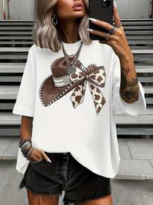 Camiseta ligera de manga corta y cuello redondo para mujer - Elegante estampado de lazo y sombrero de vaquero, top casual de color marrón suave, adecuada para un estilo vacacional y uso diario en primavera y verano.Camiseta de mujer, ropa de verano cómoda, tela opaca, 100% algodón, una opción popular. - Blanco - Ver 5