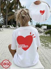 Camisetas Gráficas 2026 con Estampado de Doble Cara para Mujer, Primavera/Verano, Estilo Casual, Estilo Minimalista, Estampado de Corazón y Texto "L'AMOUR EST DÉCLARÉ", Cuello Redondo, Manga Corta, Corte Holgado, Camiseta Oversize, 100% Algodón ChuK - Blanco - Ver 7