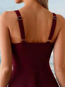 Swim Lushoire Vestido de verano de playa casual y elegante de unicolor con volantes en el dobladillo, traje de baño de una sola pieza para mujer - Burdeos - Ver 5