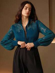 Blusa de mujer de manga larga con patchwork de encaje francés elegante - Agua verde azul - Ver 3