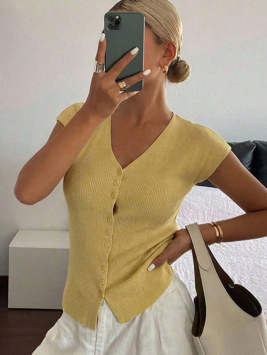 Cárdigan casual de verano para mujer, de unicolor, ajustado, de cuello en V, elástico y delgado - Amarillo - Ver 1