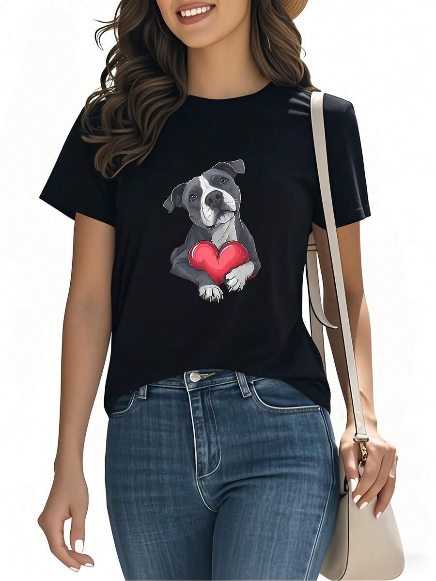 Pitbull Heart Print T-Shirt, Short Sleeves And Round Neck, Women's Clothing, Modern And Versatile, Casual And Comfortable, Suitable For Daily Wear, At Home, Outings And Dates, Pure Cotton T-Shirt With Print For Women. - 黑色 - 查看 1