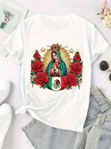 Women's Graphic T-Shirt, Short Sleeve, Round Neck, Basic, Comfortable, Cool, Lightweight, Mexican Print, Virgin Of Guadalupe, Roses, Flag, Vintage Oversized Graphic T-Shirt For Women, Cotton - 白色的 - 查看 2