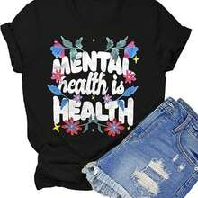 Graphic T-Shirt Fclothes Women OCURHU - Clothes With Flclothesal And Geometric Clothes, Round Neck, Shclothest Sleeve, Medium Stretch Fabric, Comfclothest Fclothes All Seasons, Daily Comfclothest T-Shirt With Vibrant Print Non-Transparent Material, T-Shirts Fclothes Mental Health. - 黑色 - 查看 1