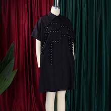 Loose-Fitting Midi Shirt Dress 2026 With Lapel And Short Sleeves - Black - View 4