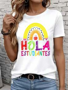 Women's Short-Sleeved T-Shirts In Black And White Are Suitable For Everyday Wear, Lounging At Home, And Outdoor Activities. The "Hello Students Rainbow Apple Teacher" T-Shirt For Women Is Colorful, Perfect For School, As A Casual Welcome-Back Shirt, Or As A Gift For Parties And Holidays. - 白色 - 查看 7