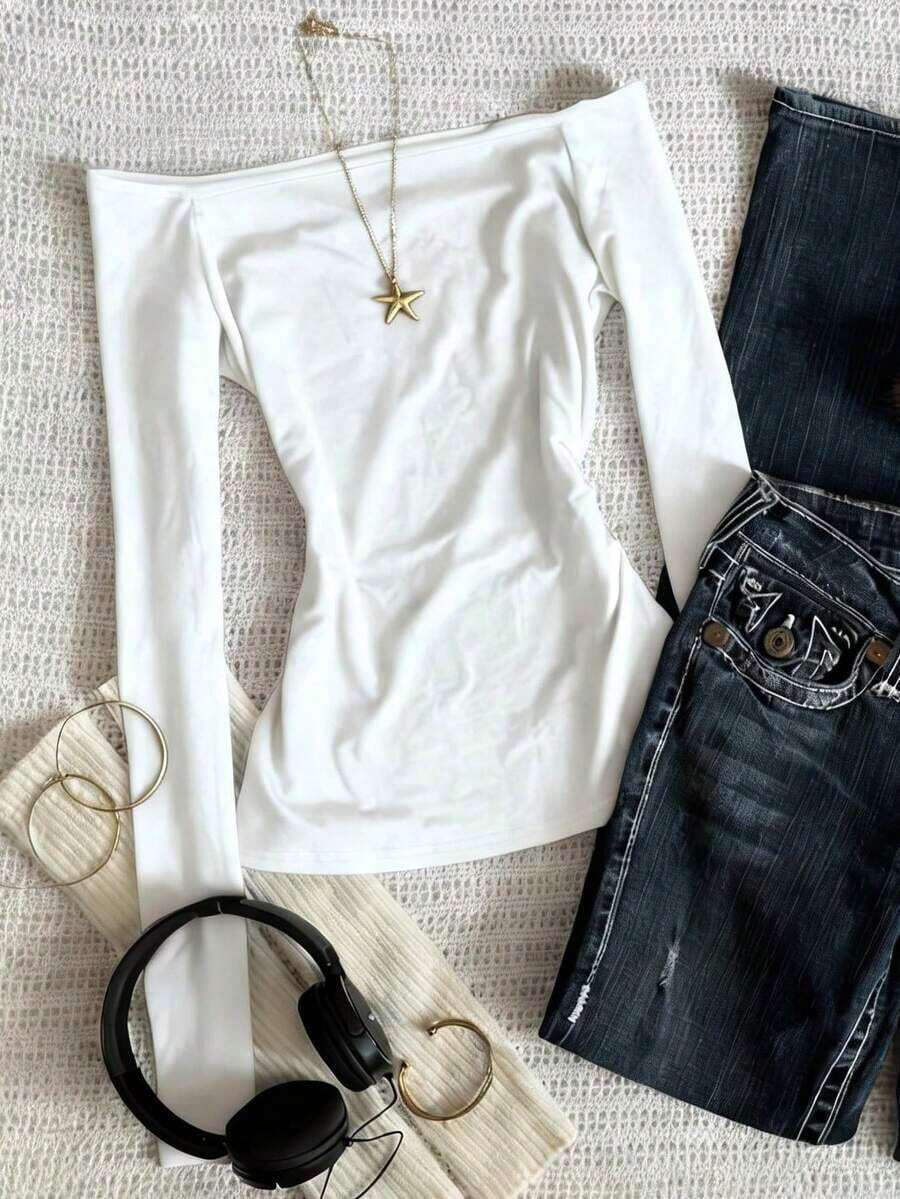 Camiseta de manga larga con hombros descubiertos, estilo minimalista y de moda, regalo para amigos - Blanco - Ver 1