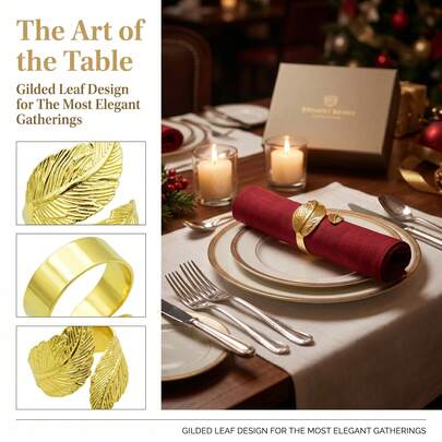 6pcs Elegant Tabletop Decor, Gold & Silver Metal Leaf Napkin Rings