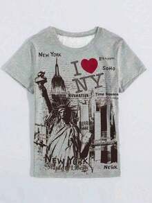 Camiseta con cuello redondo de mujer con estampado de patrón "Lovers Rock" Y2K, informal y holgada para exterior, adecuada para fiesta, primavera y verano, para uso casual diario - Gris Claro - Ver 3