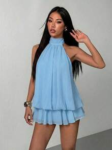 Vestido mini elegante de mujer con escote halter y lazo en color beige - Azul - Ver 4