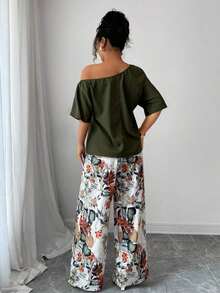 2 piezas Conjunto de top asimétrico de cuello sólido y pantalones con estampado tropical, estilo casual de vacaciones - Verde militar - Ver 2
