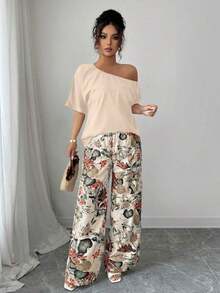 2 piezas Conjunto de top asimétrico de cuello sólido y pantalones con estampado tropical, estilo casual de vacaciones - Albaricoque - Ver 4