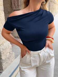 Mujeres Camiseta casual de manga corta ajustada y lisa con un hombro descubierto para uso diario en primavera y verano - Azul marino - Ver 3
