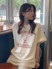 Camiseta de manga corta con estampado de letras, top informal de cuello redondo para primavera y verano, ropa de mujer. - Blanco - Ver 3