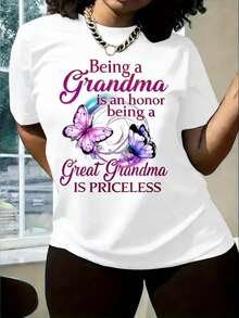 Women's Fashion Graphic Print Short Sleeve T-Shirt, New Summer Style 2026, Ladies' Granny T-Shirt - "Being A Grandmother Is An Honor, Being A Great Grandmother Is Priceless" With Introduction And Butterfly Pattern, Comfortable Ladies' T-Shirt, Round Neck T-Shirt, Super Soft, Breathable, Comfortable, Smooth, Simple For Daily Wear, Short Sleeve Top. - 白色 - 查看 1