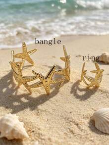 Satu Set Perhiasan Gelang Cincin Bunga Emas Terbuka untuk Wanita - bintang laut - View 3