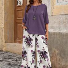 Plus Size Holiday Casual Solid Color Top And Paisley Print Pants 2 Pieces Set,Holiday Outfits Boho - Multicolor - Ver 10
