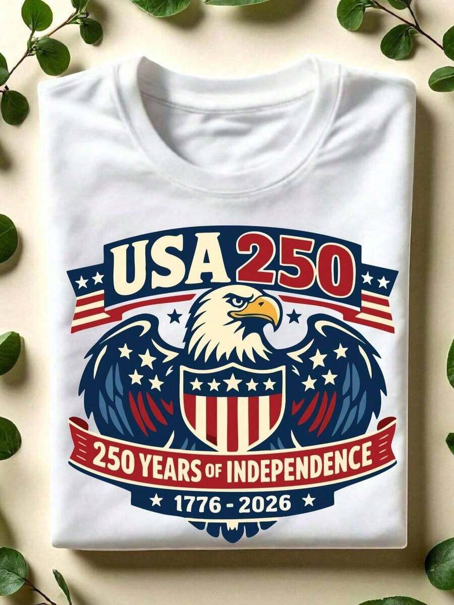 Crew Neck T-Shirt, 250th Anniversary Of US Independence T-Shirt, 250 Years Of Independence T-Shirt, 1776-2026 T-Shirt, Short Sleeve T-Shirts For The 4th Of July, Patriotic Gift, T-Shirts With The US Eagle - 白色 - 查看 1