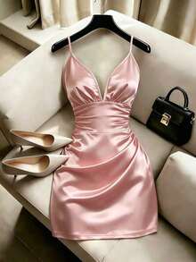 Vestido elegante de mujer de satén liso, de lujo, con tirantes finos, fruncido y escote bajo en la cintura - Rosa - Ver 6