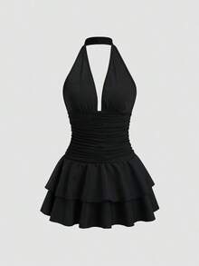 Vestido mini con escote en V, espalda descubierta y volantes, en un diseño de patchwork de punto y tejido, con cintura fruncida. Simple y elegante para vacaciones, uso diario casual, primavera/verano para mujer - Negro - Ver 6