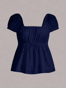 Camiseta casual de mujer con estampado de lunares y cintura con lazo en color amarillo - Azul marino - Ver 6