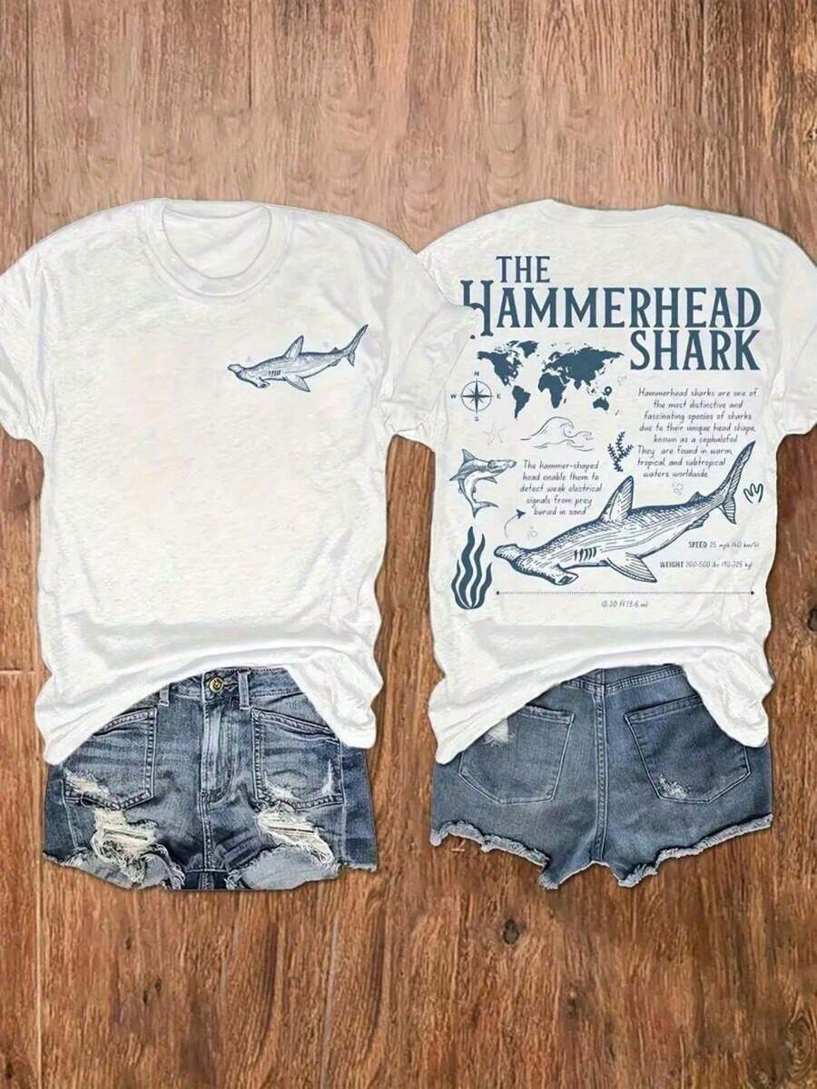 Camiseta con Estampado de Tiburón Martillo para Mujer - Camiseta con Estampado de Tiburón en Ambos Lados, Camiseta Casual Suave para Uso Diario (Tallas S-XXL) - Idea de Regalo de Ropa con Temática Marina, Atuendo de Verano, Diseño Atrevido, Material Cómodo, Cuello Redondo - Estilo - Ver 1