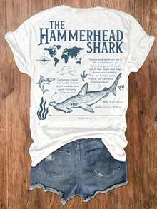 Camiseta con Estampado de Tiburón Martillo para Mujer - Camiseta con Estampado de Tiburón en Ambos Lados, Camiseta Casual Suave para Uso Diario (Tallas S-XXL) - Idea de Regalo de Ropa con Temática Marina, Atuendo de Verano, Diseño Atrevido, Material Cómodo, Cuello Redondo - Estilo - Ver 3