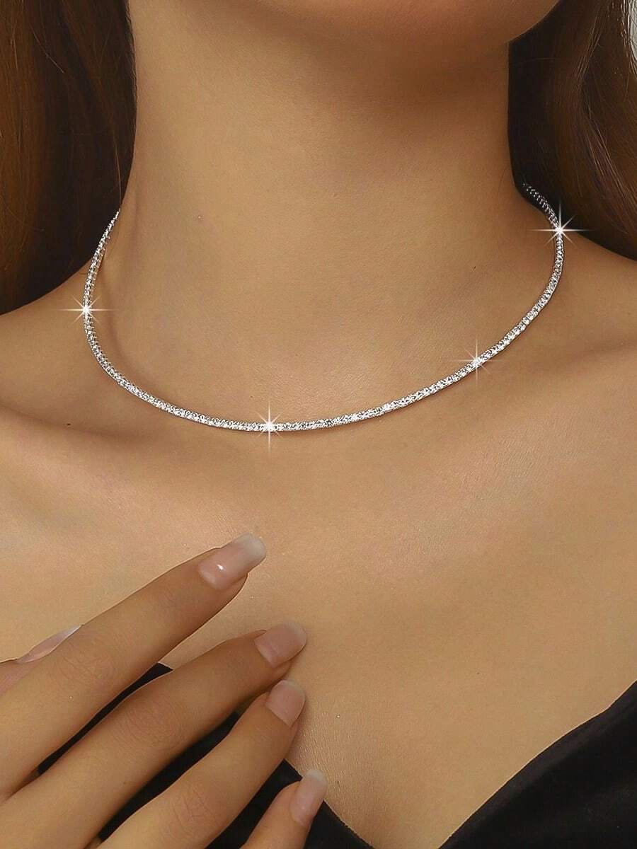 1 pieza Collar gargantilla con strass brillantes, accesorio de joyería para vestido de novia, boda y fiesta para mujeres - Plateado - Ver 1