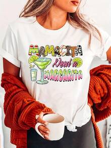 Elegant Everyday T-Shirt With Daisy And Lime Print, Cotton, Short Sleeve, Round Neck, Casual Style For Summer And Spring, Women's Clothing, Chic Fashion T-Shirt - 白色 - 查看 7