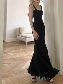 Women's Mermaid Tail Maxi Dress, Mustard Yellow Color, Wide U-Shaped Strap Design, Fitted Elastic Knit Fabric, Elegant Style, Ideal For Parties And Formal Events. - 黑色 - 查看 9