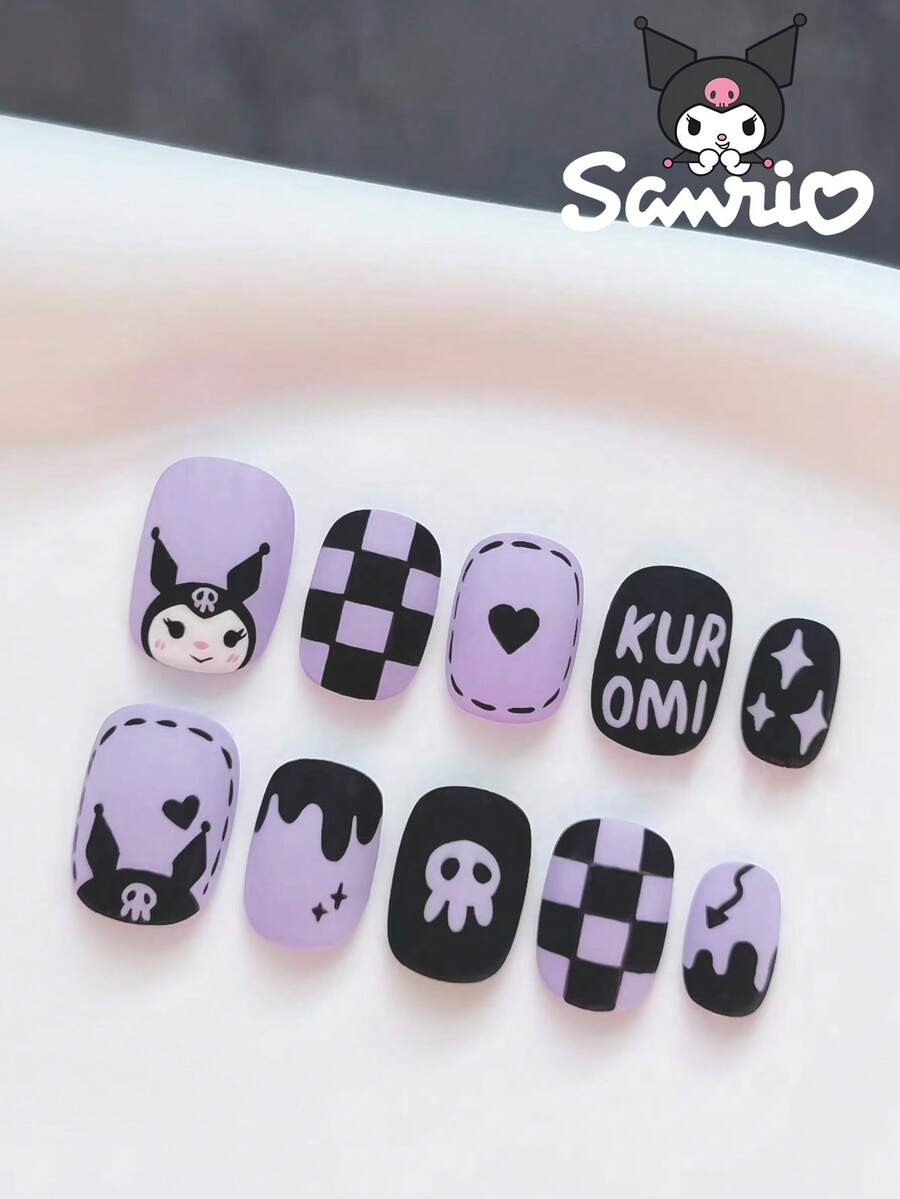 SANRIO 24片Y2K风格方形短指甲贴纸,印有可爱的库洛米、星星和爱心图案,完美贴合亚克力假指甲,适合女性和女孩日常使用,Hello Kitty美甲贴纸 - 彩色 - 查看 1