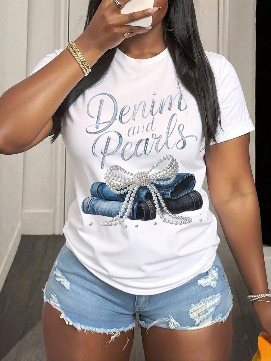 ropa de mujer Camisetas de mujer de mezclilla y perlas con lazo, talla grande para vacaciones de verano en la playa, conjunto 2025 para mujeres elegantes, camiseta de mezclilla y perlas con diseño de lazo coqueta. - Blanco - Ver 1