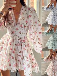 Nueva Vestido Midi Encaje Cuello V Estampado Dulce Manga Larga Corte Corto - Blanco - Ver 2