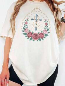 1 Catholic Marian T-Shirt, Catholic Gift, Catholic Marian Religious T-Shirt, Christian Faith Clothing, Floral Religious T-Shirts For Women, T-Shirt With Cross, Cute Summer T-Shirts For Women, Printed Round Neck T-Shirt, Graphic T-Shirts For Women, 180g 100% Cotton, All Designs Are Printed. Unisex. - 白色 004 - 查看 12