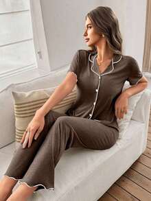 Mono de verano de punto ligero y suelto con volantes, de tela roja, de estilo casual y holgado para mujer - Marrón - Ver 3