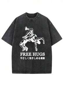 Camiseta de manga corta estampada de algodón lavado de 230 g, colección Verano 2026|   Camiseta de manga corta estilo retro americano, holgada, de hombros caídos, estilo para parejas, de algodón pesado lavado y desgastado para verano. - Negro - Ver 5