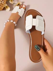 Ximi Ruo Pantuflas cómodas con adornos de diamante de imitación de ajuste amplio, sandalias planas casuales coreanas para mujer, chanclas de punta abierta para primavera, verano, playa y uso casual - Blanco - Ver 5