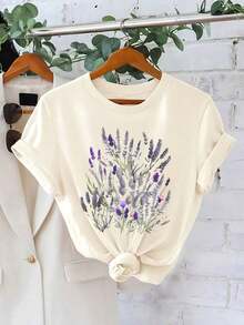 GiftTop Casual Short Sleeve Floral Print, Round Neck And Loose Fit, For Summer And Spring, Women's Clothing. Ideal As A Gift Women's T-Shirt Blouses>ElegantSoft - 杏 - 查看 3