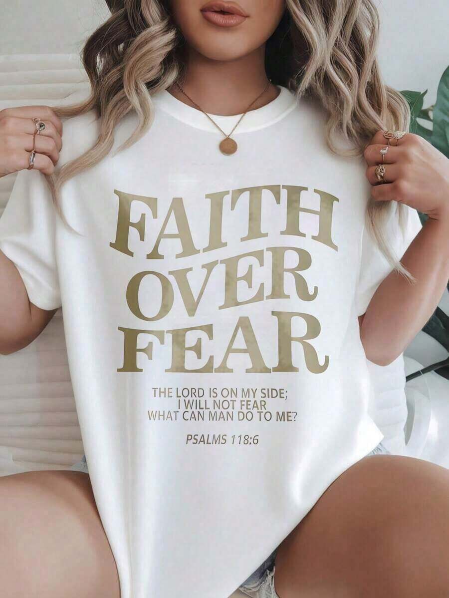 Women's Casual Short Sleeve T-Shirt - Psalm 118:6 'Faith Over Fear' Verse Print, Crew Neck, Summer Top, Machine Washable, Ladies' T-Shirts, Casual Wear, Modern Style, Comfortable Fit
-White - 白色 - 查看 1