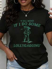 Camiseta de cuello redondo para mujer con estampado de rana con sombrero y cigarro y la frase "Yall Mind If I Do Some Lollygagging", manga corta, estilo casual de verano. - Negro - Ver 1
