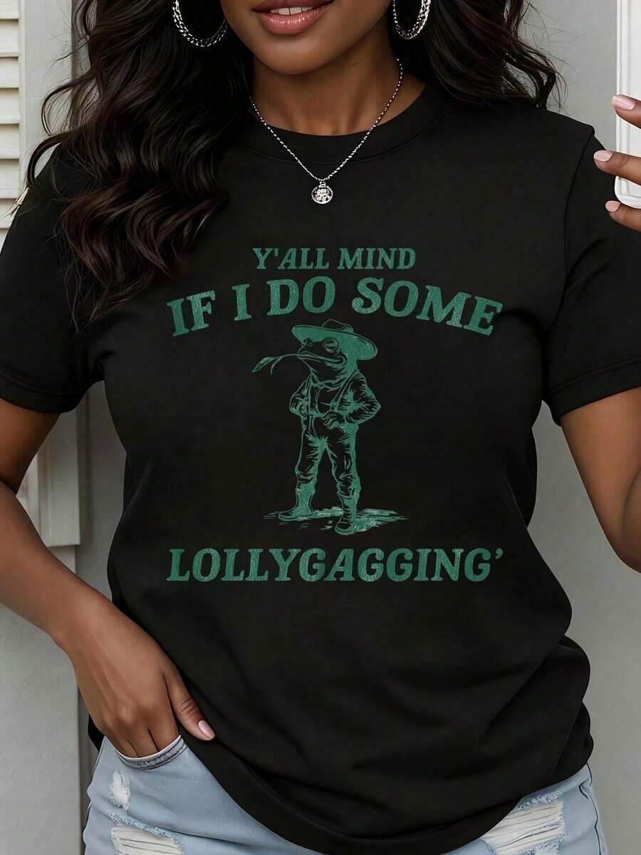 Camiseta de cuello redondo para mujer con estampado de rana con sombrero y cigarro y la frase "Yall Mind If I Do Some Lollygagging", manga corta, estilo casual de verano. - Negro - Ver 1