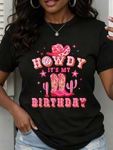 Women's Round Neck T-Shirt With Pink Cowboy Hat, Boots And Cactus Print, Short Sleeve, Casual, For Parties And Celebrations. - 黑色 - 查看 7