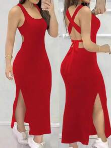 Vestido ajustado y sexy con escote pronunciado, espalda descubierta, tirantes cruzados y abertura - Rojo - Ver 5