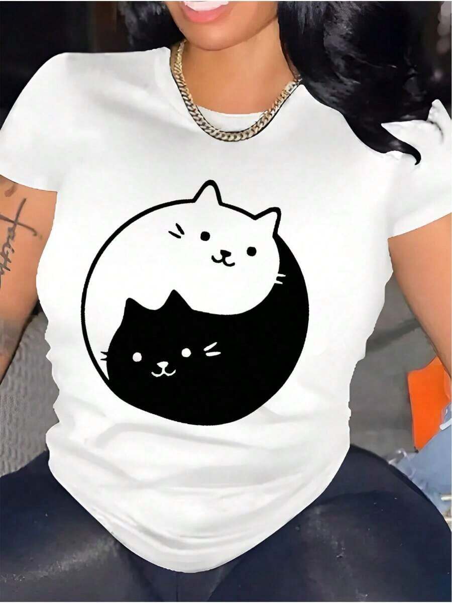 1 Piece Of Women's Loose-Fitting, Casual T-Shirt With A Cat Lover Print. Perfect For Vacation Outings, 100% Cotton, Short Sleeves, Machine Washable, Comfortable And Suitable For Spring And Summer. 100% Cotton. Comfortable And Versatile Short-Sleeved T-Shirt. - 白色 - 查看 1