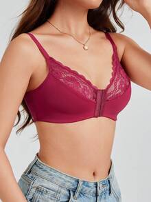 1pc Women's Casual Wireless Lace Bra With Adjustable Straps, Sexy & Breathable - Red - View 6