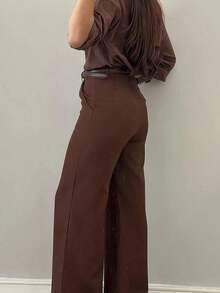 Pantalones casuales de pierna acampanada con diseño minimalista para mujer, adecuados para ir al trabajo, la oficina, uso diario, todas las estaciones, primavera - Marrón - Ver 2